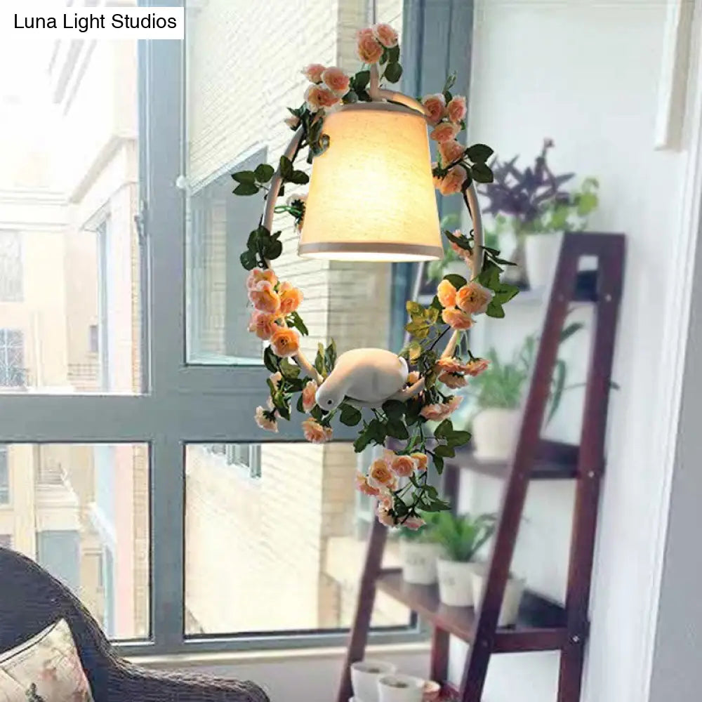 Floral & Bird Design Conic Shade Pendulum Light With Countryside Fabric For Corridor Suspension