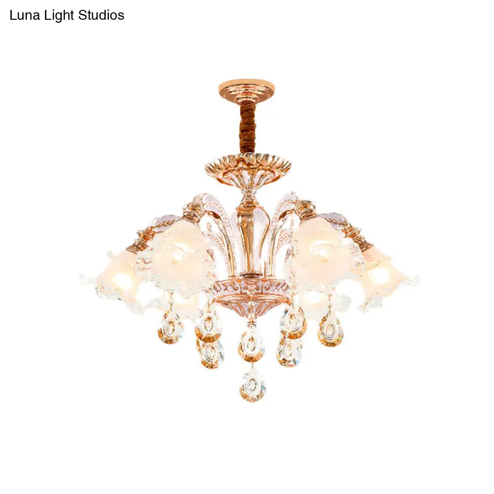 Floral Ceiling Chandelier - Traditional Gold Crystal Pendant Lamp (3/6 Heads) For Bedroom