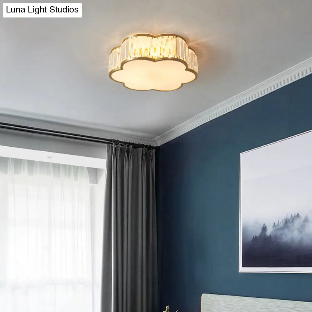 Floral Ceiling Light With Brass Finish Simplicity Design 3 - Light Crystal Flush Mount Fixture For