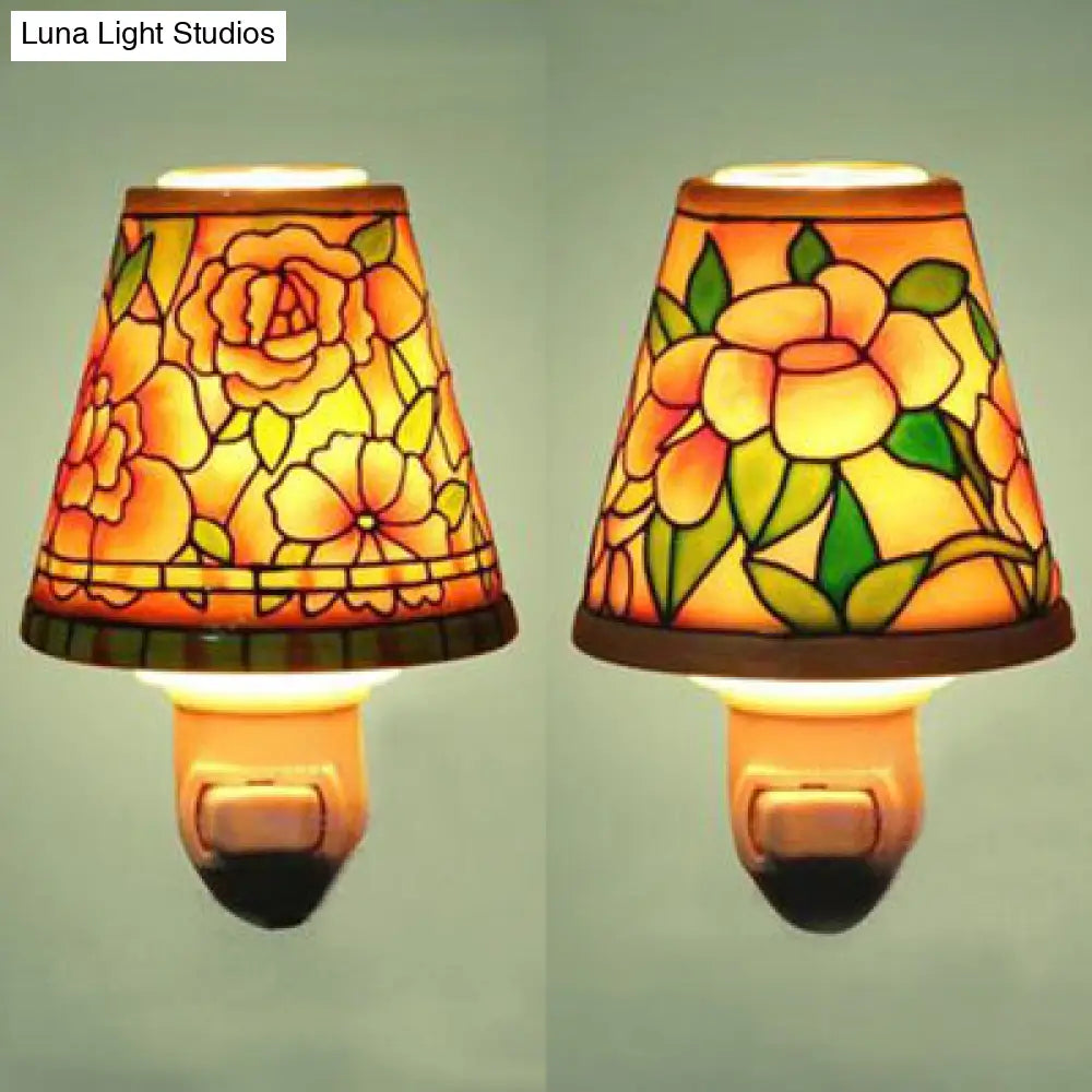 Floral Ceramic Night Light With Tapered Shade - 1-Light Lodge Wall Lighting For Bedside