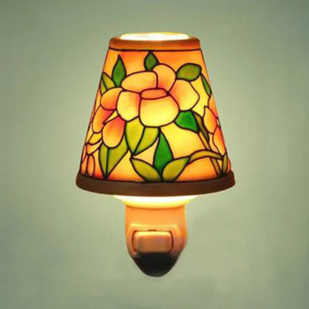 Floral Ceramic Night Light With Tapered Shade - 1-Light Lodge Wall Lighting For Bedside Yellow /