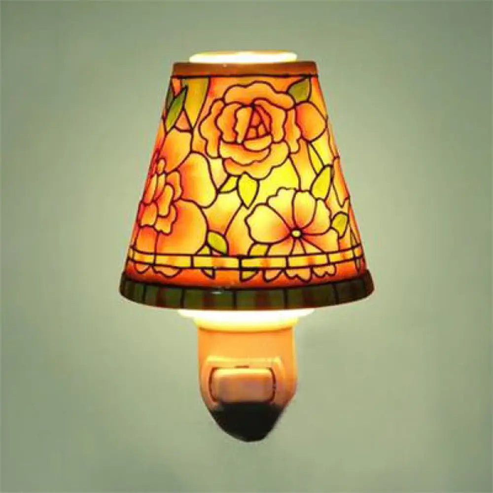 Floral Ceramic Night Light With Tapered Shade - 1-Light Lodge Wall Lighting For Bedside Yellow /