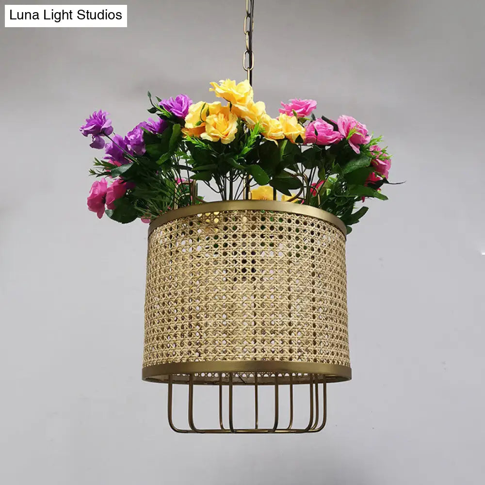 Floral Deco Beige Cylinder Pendant Light Kit With Metal Hanging Lamp