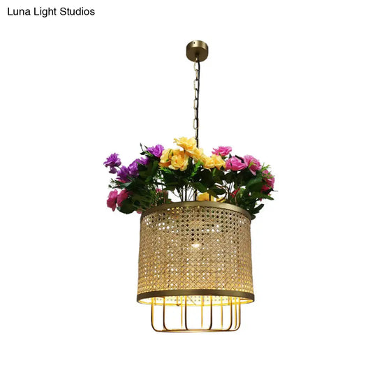 Floral Deco Beige Cylinder Pendant Light Kit With Metal Hanging Lamp