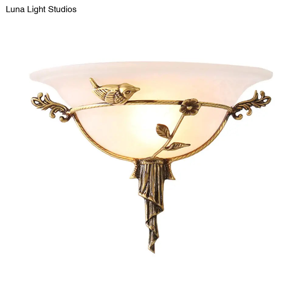 Floral Deco Wall Lamp With Wide Flare In Tradition White/Yellow Glass - Sconce Light Fixture