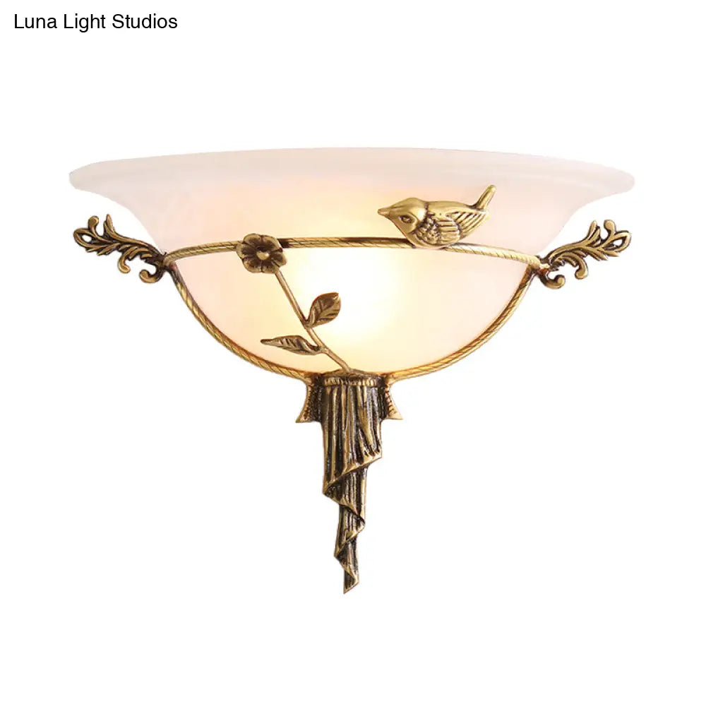 Floral Deco Wall Lamp With Wide Flare In Tradition White/Yellow Glass - Sconce Light Fixture