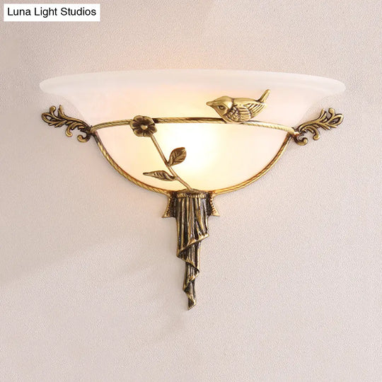 Floral Deco Wall Lamp With Wide Flare In Tradition White/Yellow Glass - Sconce Light Fixture