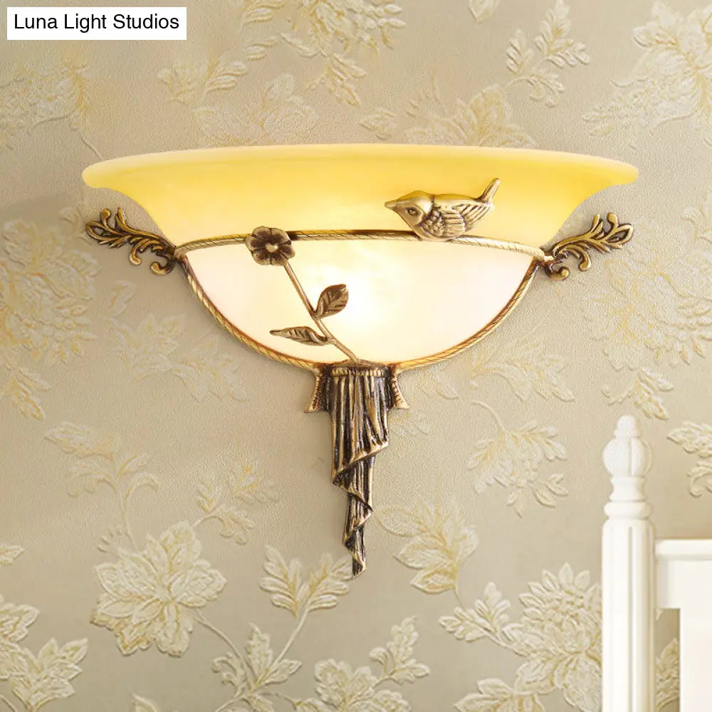 Floral Deco Wall Lamp With Wide Flare In Tradition White/Yellow Glass - Sconce Light Fixture