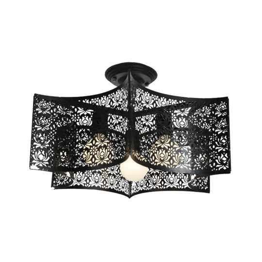 Floral Etched Black Ceiling Flush: Elegant Iron Semi Mount Lighting For Rural Living Room - 3 Lights