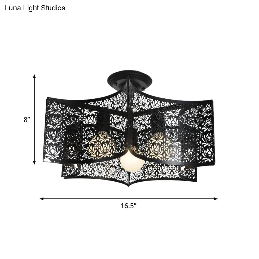 Floral Etched Black Ceiling Flush: Elegant Iron Semi Mount Lighting For Rural Living Room - 3 Lights