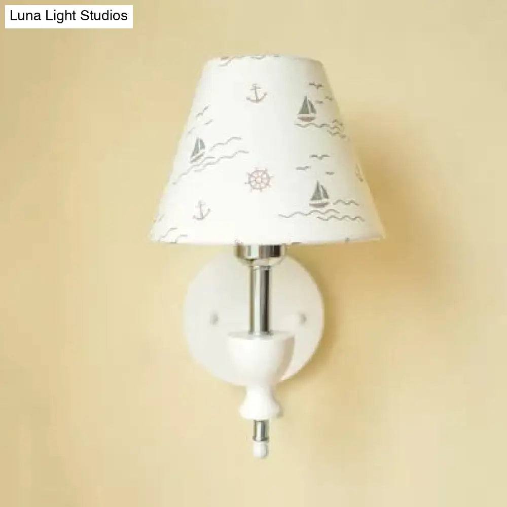 Floral Fabric Wall Light For Childs Bedroom - Contemporary 1-Head Sconce In White