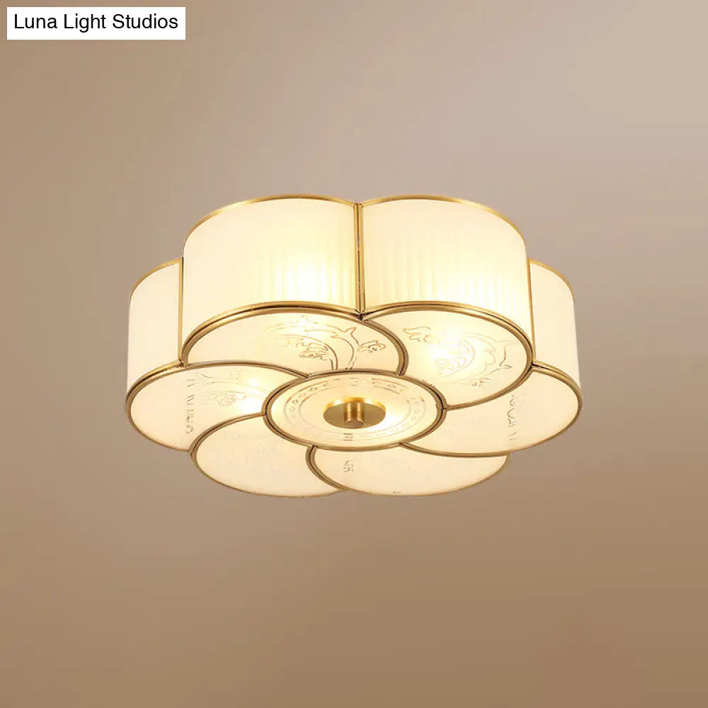 Floral Frost Glass Ceiling Light: Bedroom Flush Fixture In Brass