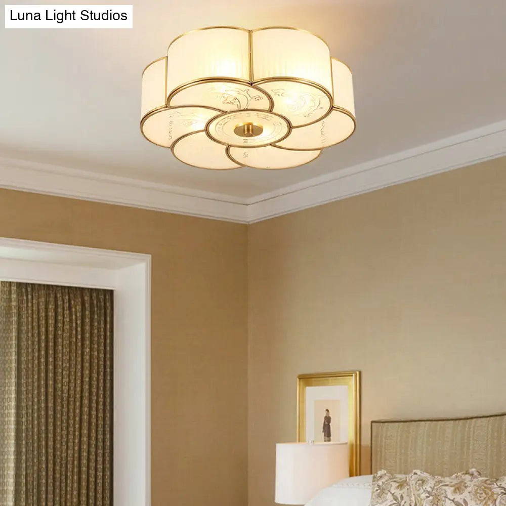 Floral Frost Glass Ceiling Light: Bedroom Flush Fixture In Brass