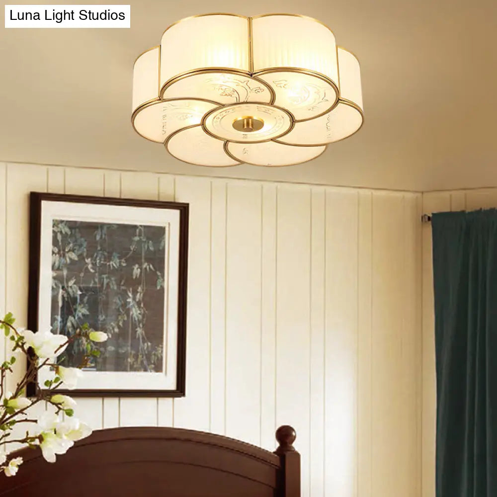 Floral Frost Glass Ceiling Light: Bedroom Flush Fixture In Brass / Small