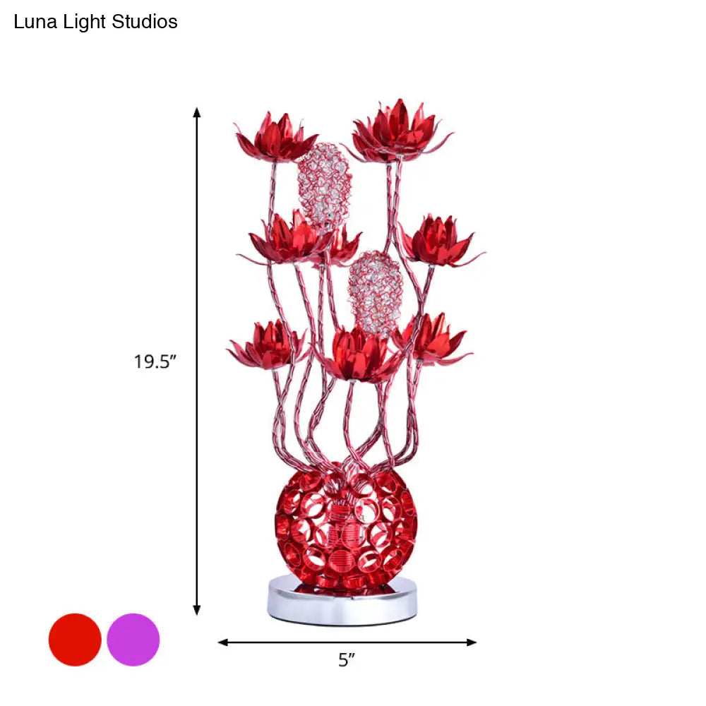 Floral Led Ball Table Lamp - Red/Purple Aluminum Nightstand Lighting 16/19.5 Length