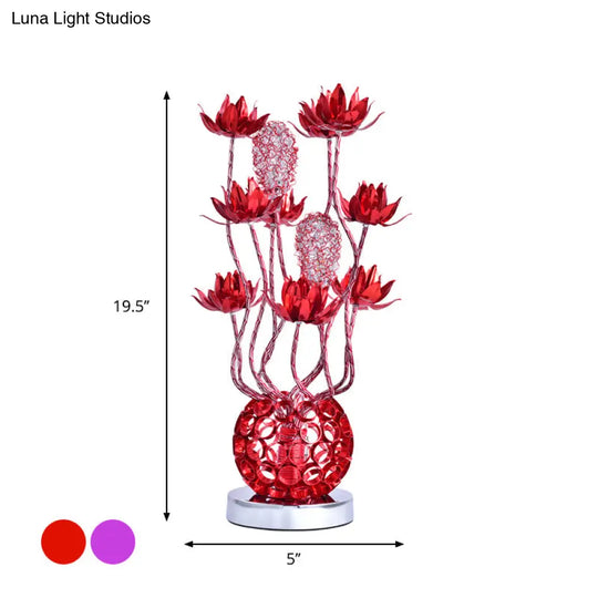 Floral Led Ball Table Lamp - Red/Purple Aluminum Nightstand Lighting 16/19.5 Length