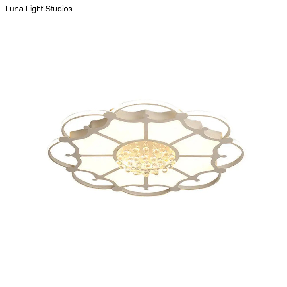 Floral Led Ceiling Lamp: White Acrylic Modern Flush Mount With Crystal Orbs - Ideal For Living Rooms