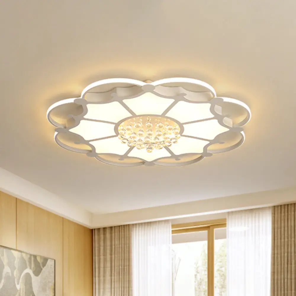 Floral Led Ceiling Lamp: White Acrylic Modern Flush Mount With Crystal Orbs - Ideal For Living Rooms