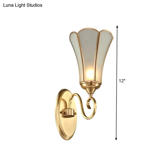 Floral Living Room Wall Lamp - Traditional Metal Design With Brass Finish & White Bevel Glass Shade