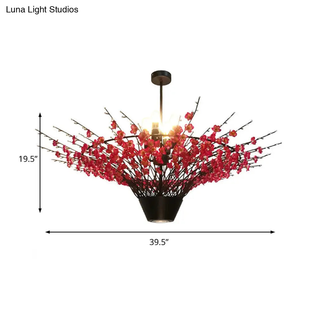 Floral Metal Chandelier Pendant Light - Antique 4-Light Led Suspension Lamp In Pink 31.5 Or 39 Width