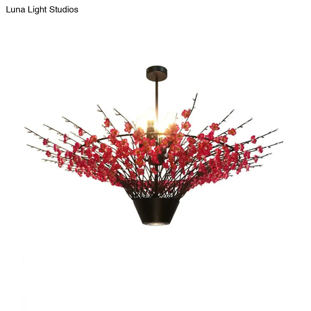 Floral Metal Chandelier Pendant Light - Antique 4-Light Led Suspension Lamp In Pink 31.5 Or 39 Width