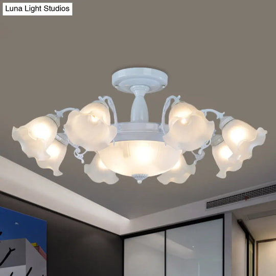 Floral Opal Glass Semi Flush Lighting - Farmhouse White/Black Finish For Living Room Ceiling White