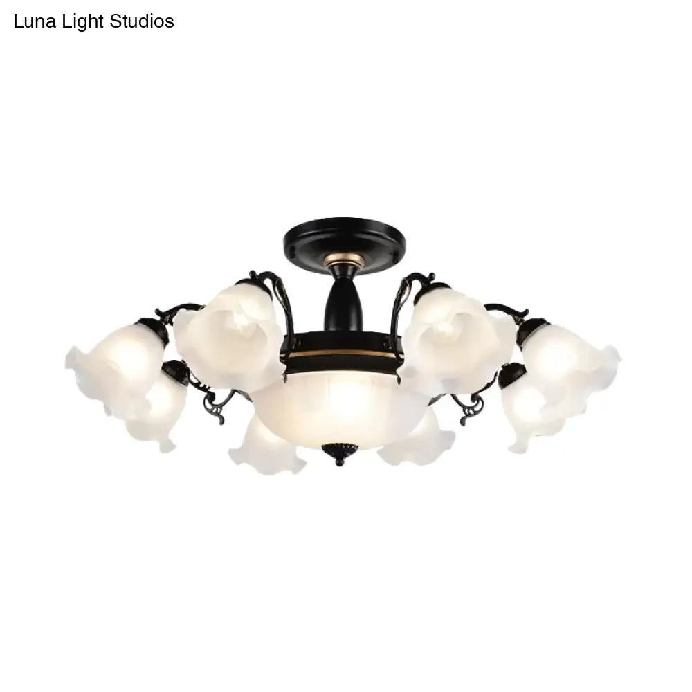 Floral Opal Glass Semi Flush Lighting - Farmhouse White/Black Finish For Living Room Ceiling