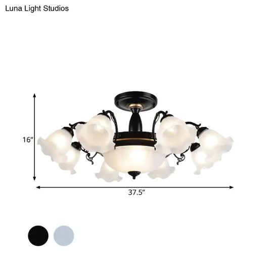 Floral Opal Glass Semi Flush Lighting - Farmhouse White/Black Finish For Living Room Ceiling