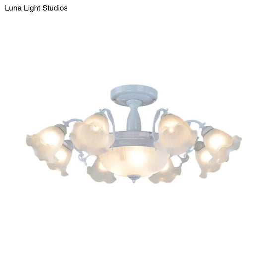 Floral Opal Glass Semi Flush Lighting - Farmhouse White/Black Finish For Living Room Ceiling