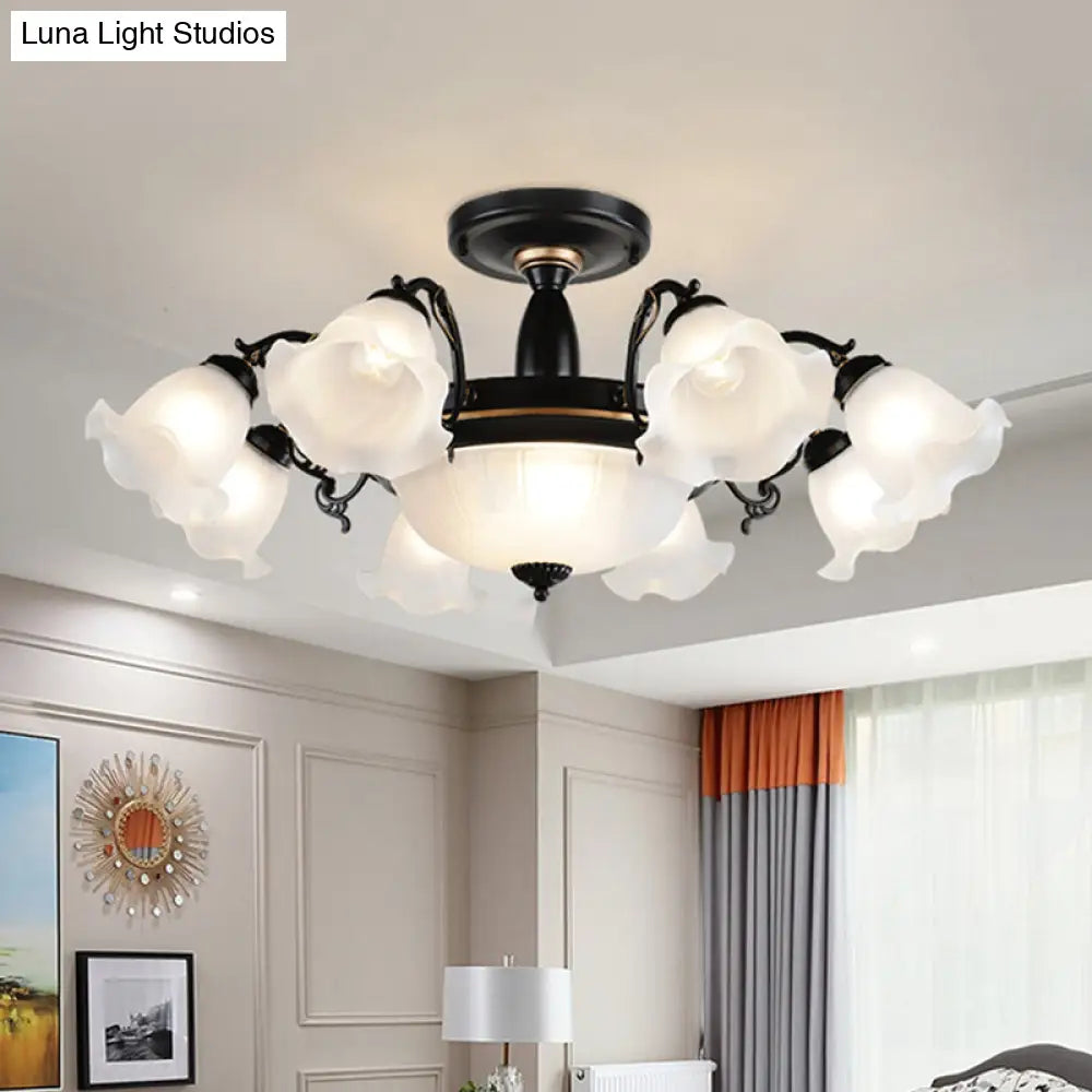 Floral Opal Glass Semi Flush Lighting - Farmhouse White/Black Finish For Living Room Ceiling Black