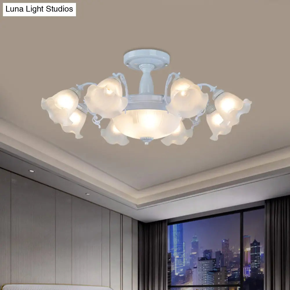 Floral Opal Glass Semi Flush Lighting - Farmhouse White/Black Finish For Living Room Ceiling