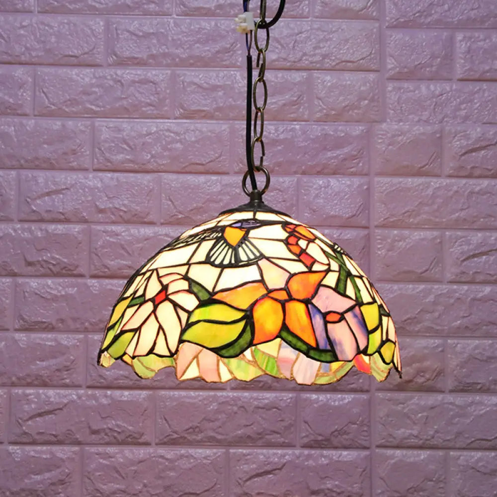 Floral Pattern Tiffany-Style Pendant Ceiling Light: 1 Bulb Black Stained Glass Down Lighting