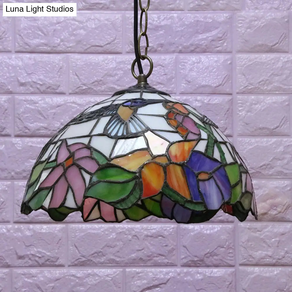 Floral Pattern Tiffany-Style Pendant Ceiling Light: 1 Bulb Black Stained Glass Down Lighting