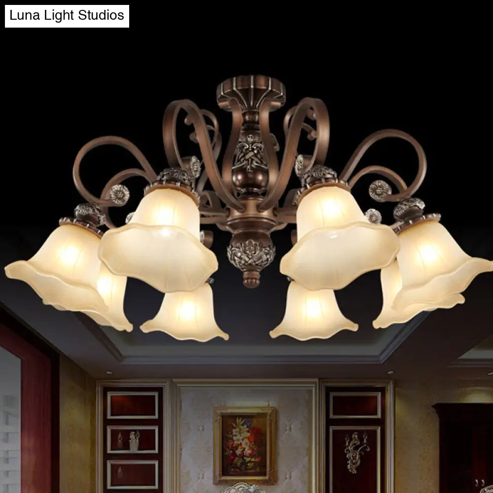Floral Semi Flush Ceiling Light With Antique Bronze Finish And Frosted Glass Ideal For Living Room
