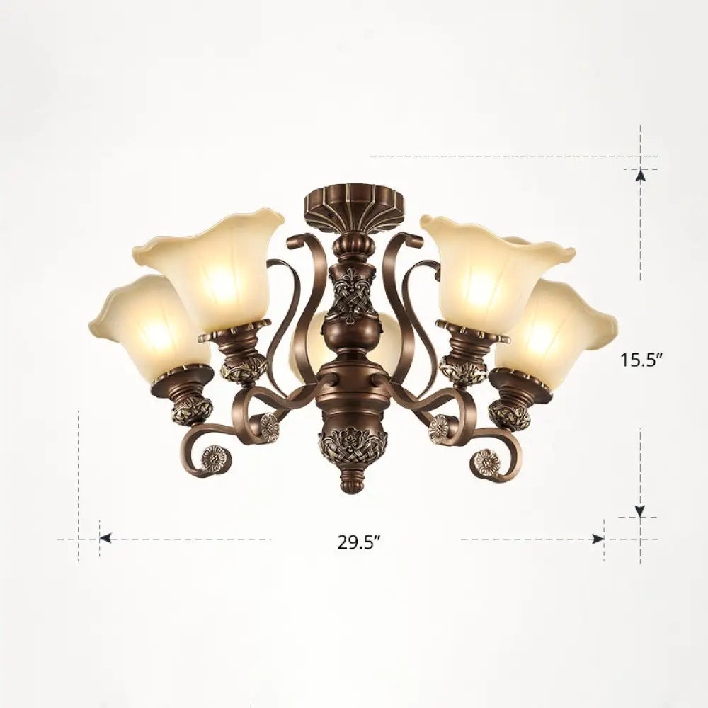 Floral Semi Flush Ceiling Light With Antique Bronze Finish And Frosted Glass – Ideal For Living