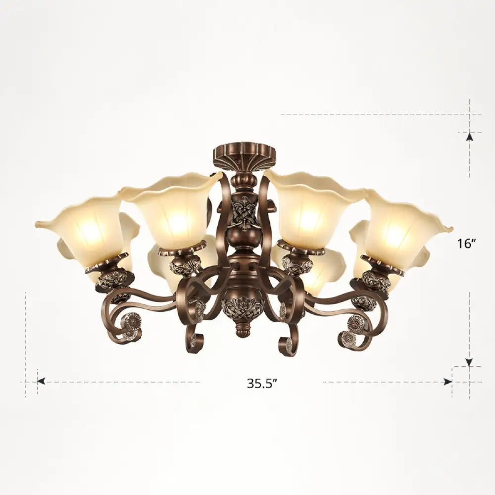 Floral Semi Flush Ceiling Light With Antique Bronze Finish And Frosted Glass – Ideal For Living