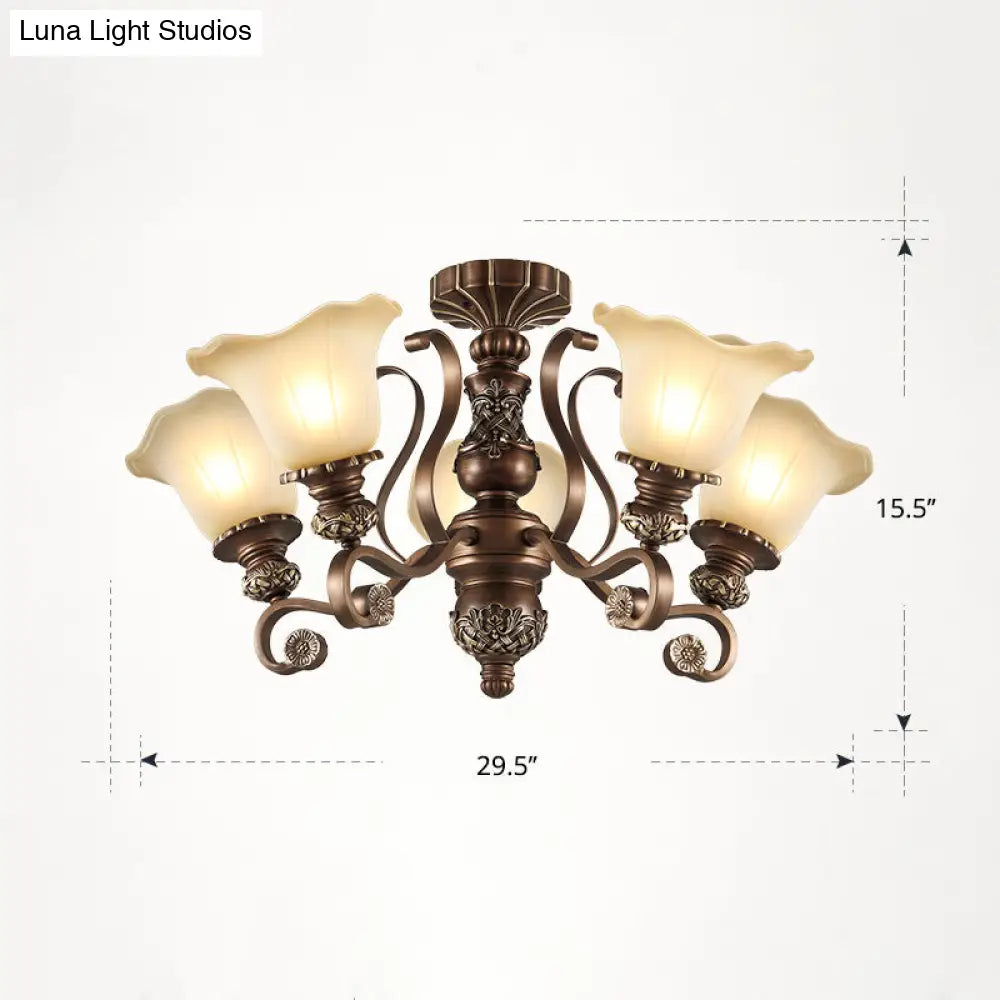 Floral Semi Flush Ceiling Light With Antique Bronze Finish And Frosted Glass Ideal For Living Room 5