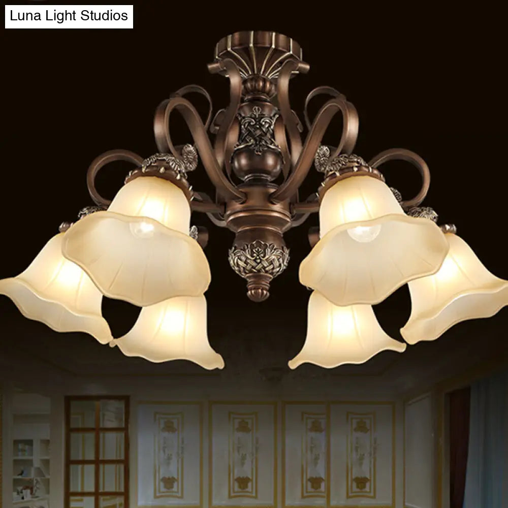 Floral Semi Flush Ceiling Light With Antique Bronze Finish And Frosted Glass Ideal For Living Room