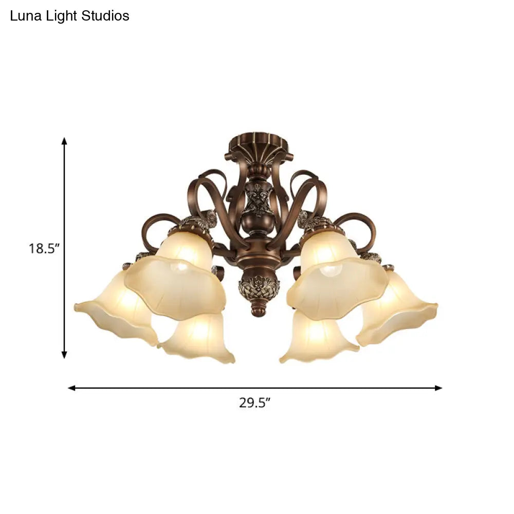 Floral Shade Semi Flush Light With Opal Glass - Countryside Brown Close To Ceiling Lamp For Living