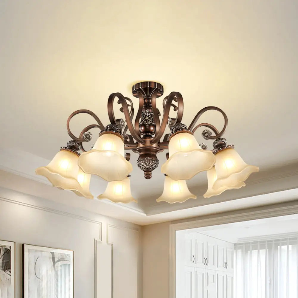 Floral Shade Semi Flush Light With Opal Glass - Countryside Brown Close To Ceiling Lamp For Living