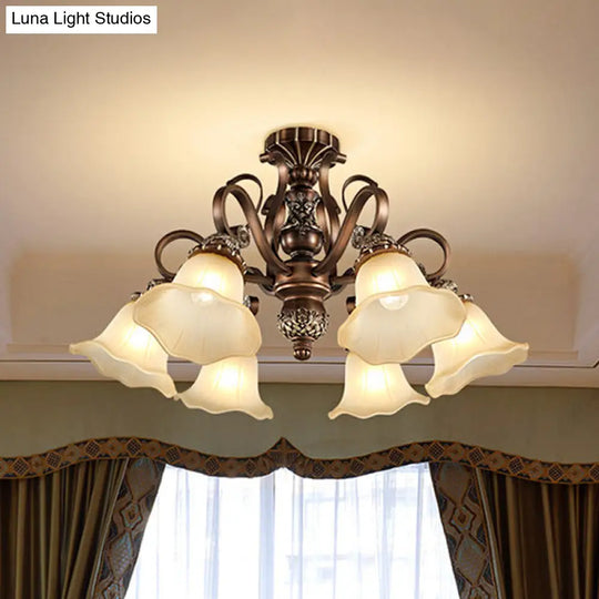 Floral Shade Semi Flush Light With Opal Glass - Countryside Brown Close To Ceiling Lamp For Living