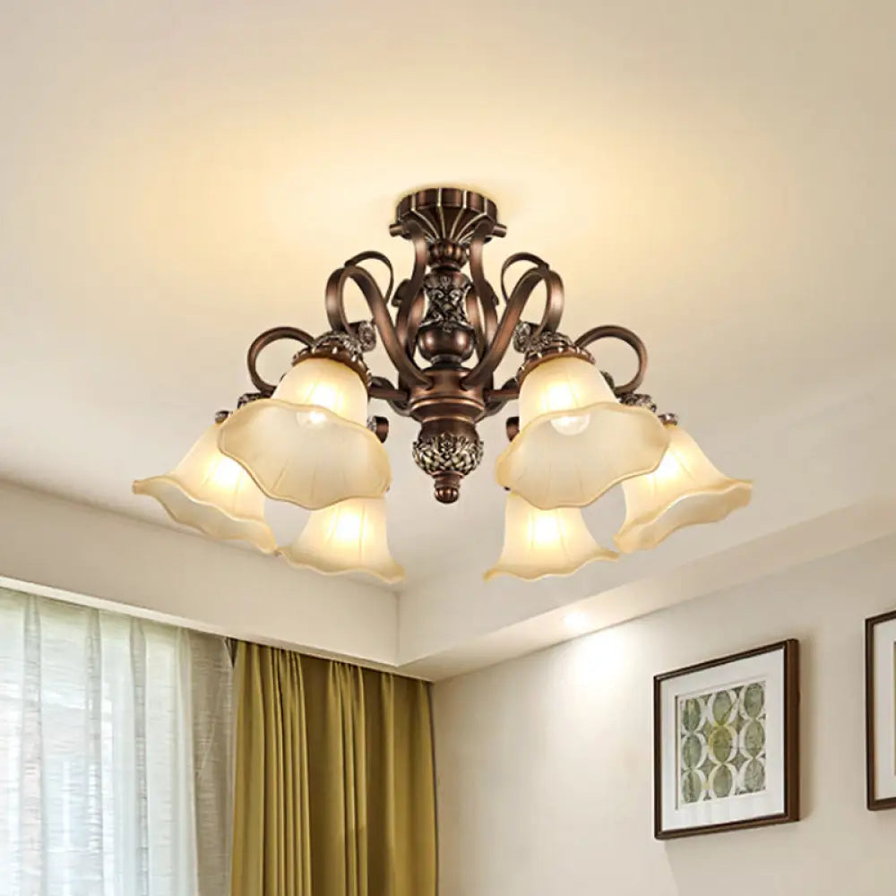 Floral Shade Semi Flush Light With Opal Glass - Countryside Brown Close To Ceiling Lamp For Living