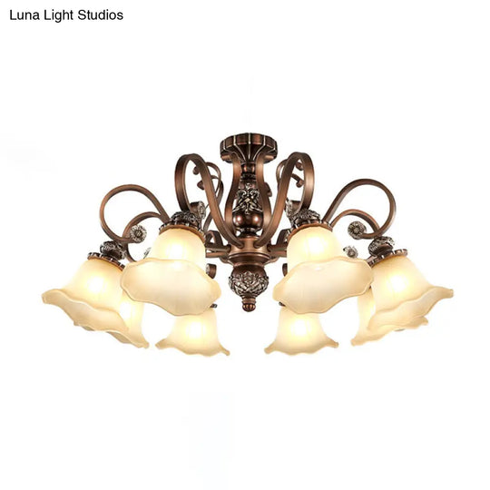 Countryside Brown Opal Glass Semi Flush Light With Floral Shade (5/6/8 Lights) - Perfect For Living