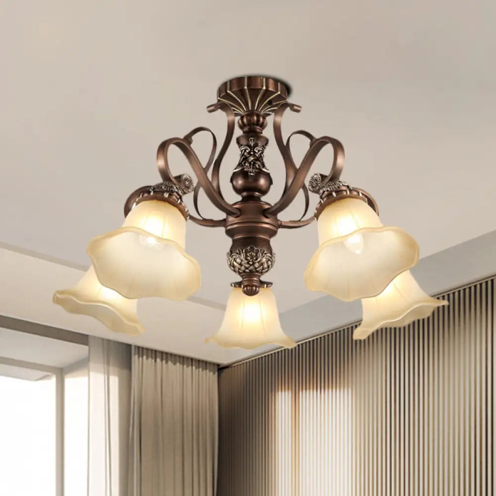 Floral Shade Semi Flush Light With Opal Glass - Countryside Brown Close To Ceiling Lamp For Living