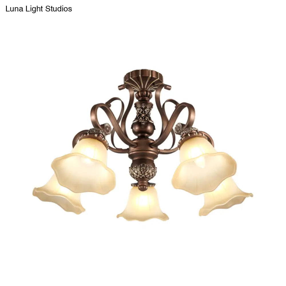 Floral Shade Semi Flush Light With Opal Glass - Countryside Brown Close To Ceiling Lamp For Living