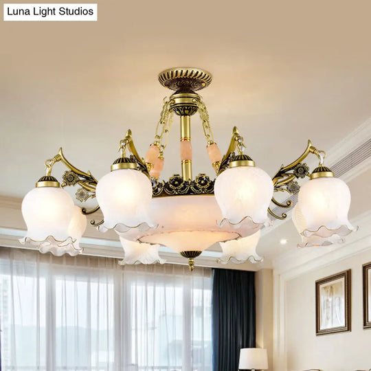 Floral-Shape Semi Mount Ceiling Light With Bronze Finish White Glass - Ideal For Living Rooms