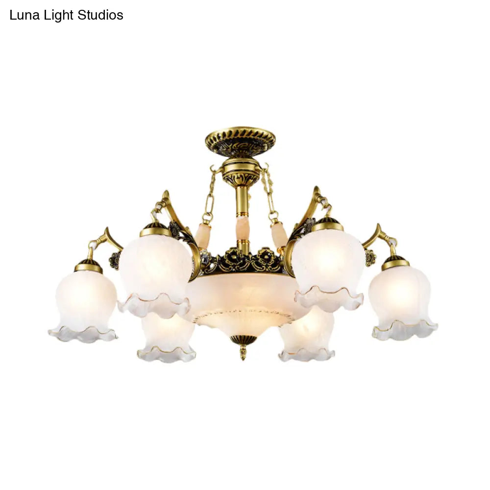 Floral - Shape Semi Mount Lighting With Bronze Finish White Glass - 7/9/11 - Light Ceiling Flush