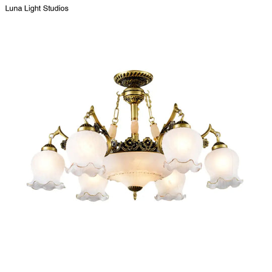 Floral - Shape Semi Mount Lighting With Bronze Finish White Glass - 7/9/11 - Light Ceiling Flush