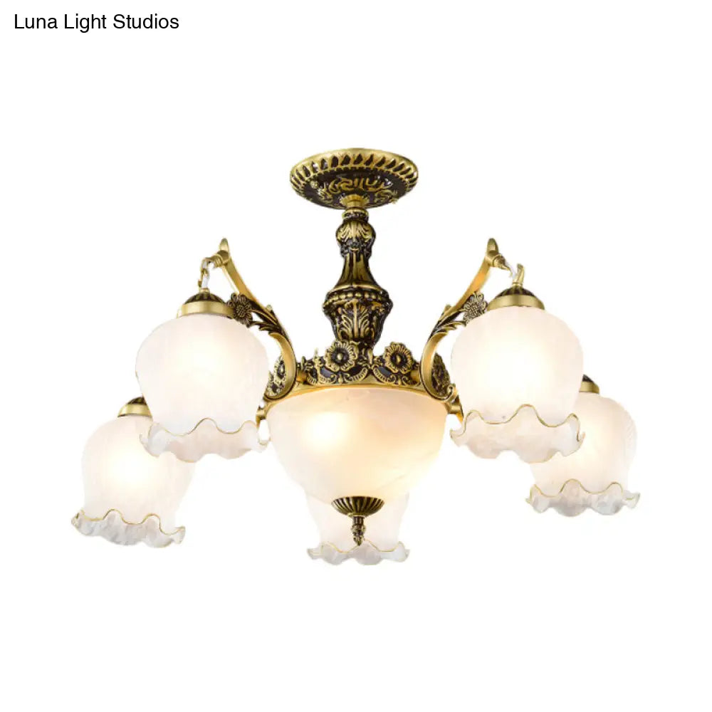 Floral-Shape Semi Mount Ceiling Light With Bronze Finish White Glass - Ideal For Living Rooms