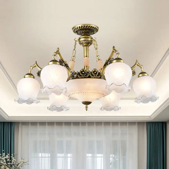 Floral - Shape Semi Mount Lighting With Bronze Finish White Glass - 7/9/11 - Light Ceiling Flush